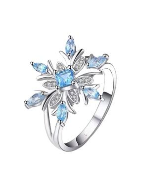 Blue Crystal Snowflake Ring Silver Tone Statement Cocktail Ring 18mm Wide NWT